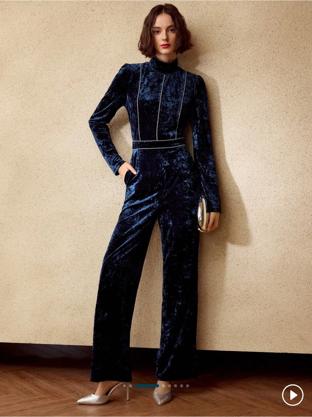 MOTF Navy Velvet Wide-Leg Jumpsuit with Rinestone Piping